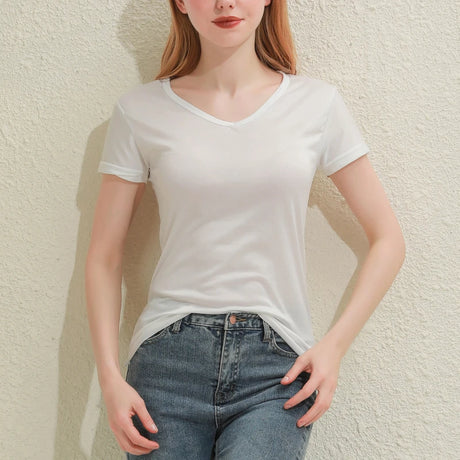 Slim fit cotton V-neck tee for women, lightweight and breathable style, perfect for summer outfits.