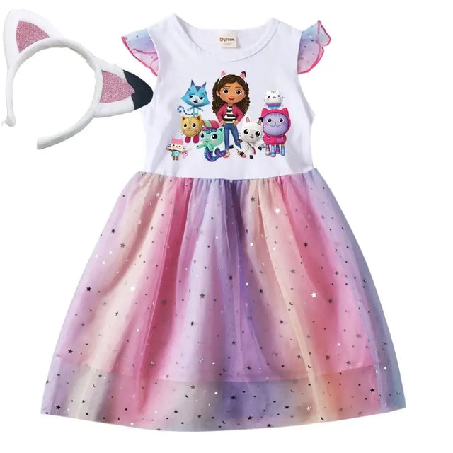 Baby girls summer dress with cartoon characters and ombre mesh skirt, includes matching headband, size 4-6 years.