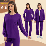 Women’s long sleeve purple jogging style surgery scrubs set by HZMNOIL, ideal for medical professionals and beauty salons.