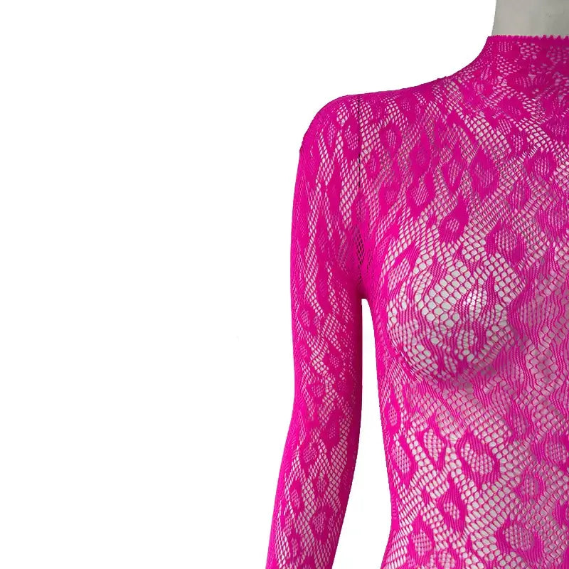 Women Lace Fishnet Long Sleeve Jumpsuit