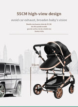 High-view baby stroller design at 55CM to avoid car exhaust and enhance baby's visibility and comfort.