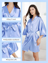 Model showcasing a 7-piece satin bride robe set with sexy V-neck, adjustable waistband, and exquisite cuffs in blue.