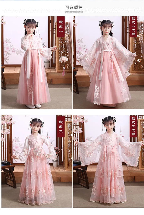 Modern Fairy Hanfu dress for girls, showcasing intricate design and soft pink fabric in a charming cosplay style.