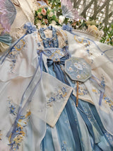 Elegant blue Women's Fairy Hanfu summer costume featuring intricate embroidery and matching accessories.