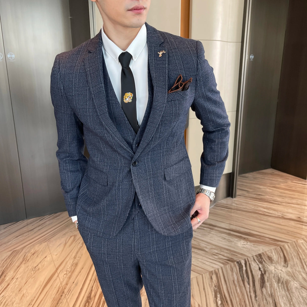 Men Plaid 3-Piece Business Suit