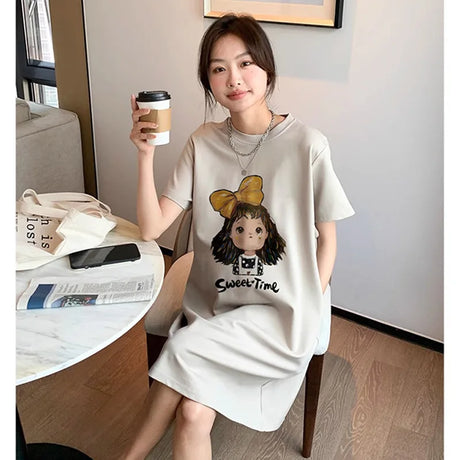 Sweet casual maternity T-shirt dress with cartoon design and loose fit, perfect for summer and knee-length style.