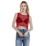 MeshGlow™ summer hollow-out crop top in red fishnet, breathable loose fit ideal for casual outings and warm weather.