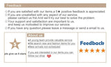 Feedback message requesting positive reviews and support for customer satisfaction, highlighting service quality and shop updates.