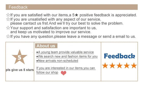 Feedback message requesting positive reviews and support for customer satisfaction, highlighting service quality and shop updates.