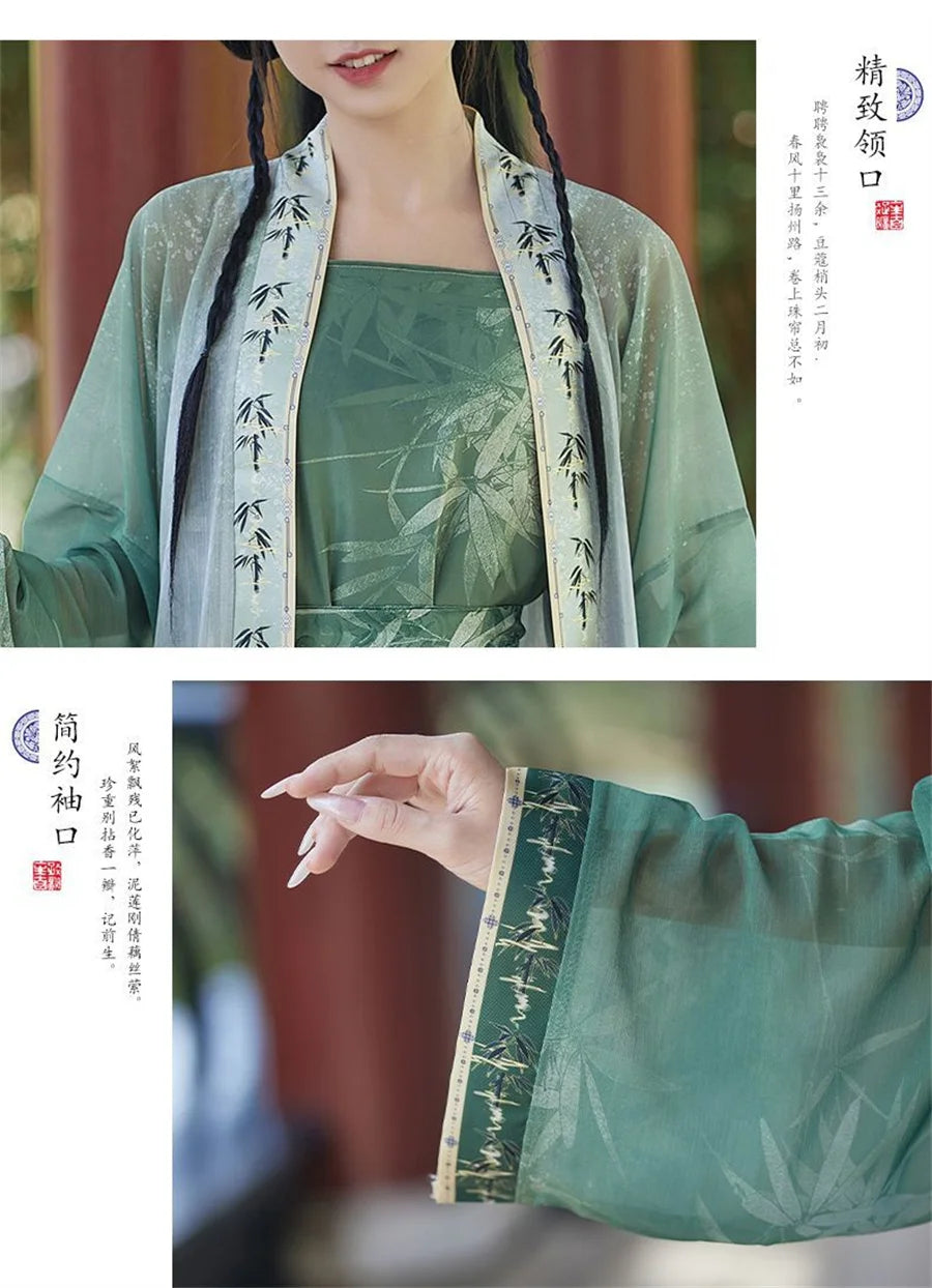 Elegant green Women's Hanfu cosplay dress with intricate floral designs and sheer sleeves, perfect for themed events.