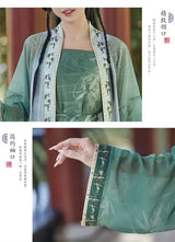 Elegant green Women's Hanfu cosplay dress with intricate floral designs and sheer sleeves, perfect for themed events.