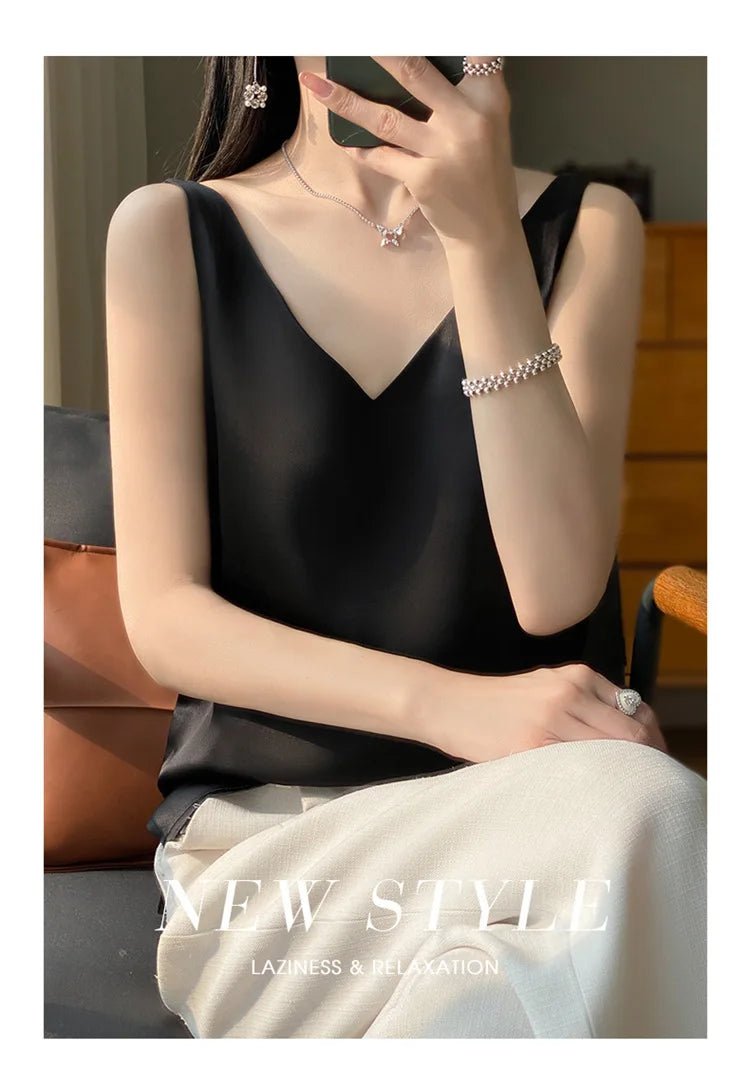 Ice Silk Satin V‑Neck Camisole Crop Top