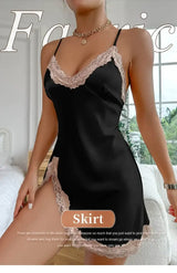 Women Satin Lace Nightdress Deep V Backless Sleepwear