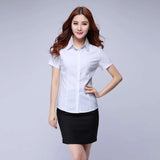 White short sleeve shirt with slim fit and turn-down collar, styled for youthful office attire.