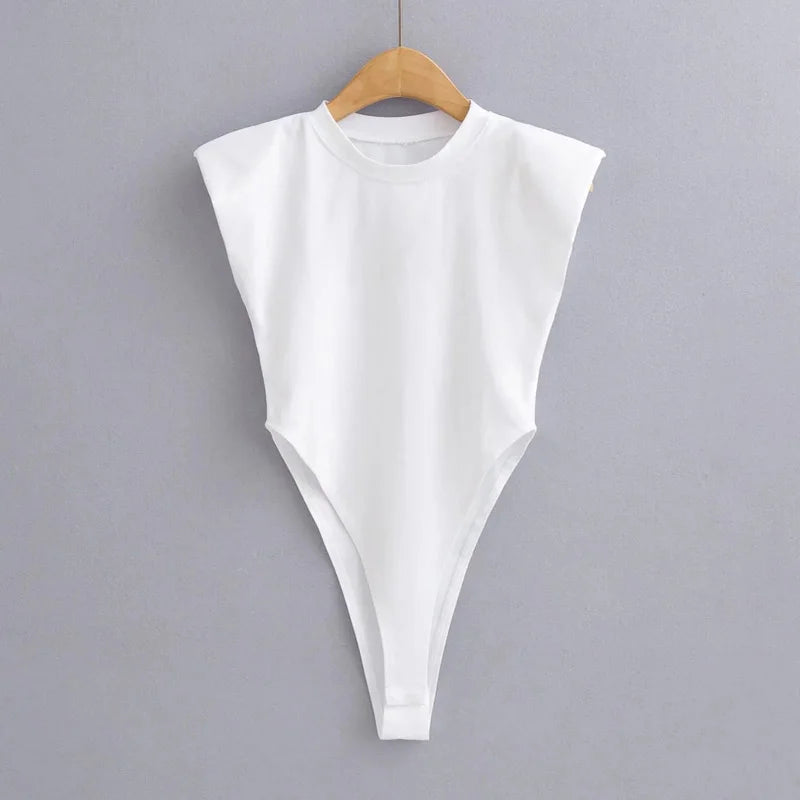 Women's Sleeveless Padded Shoulder Bodysuit – Summer Bodycon One-Piece