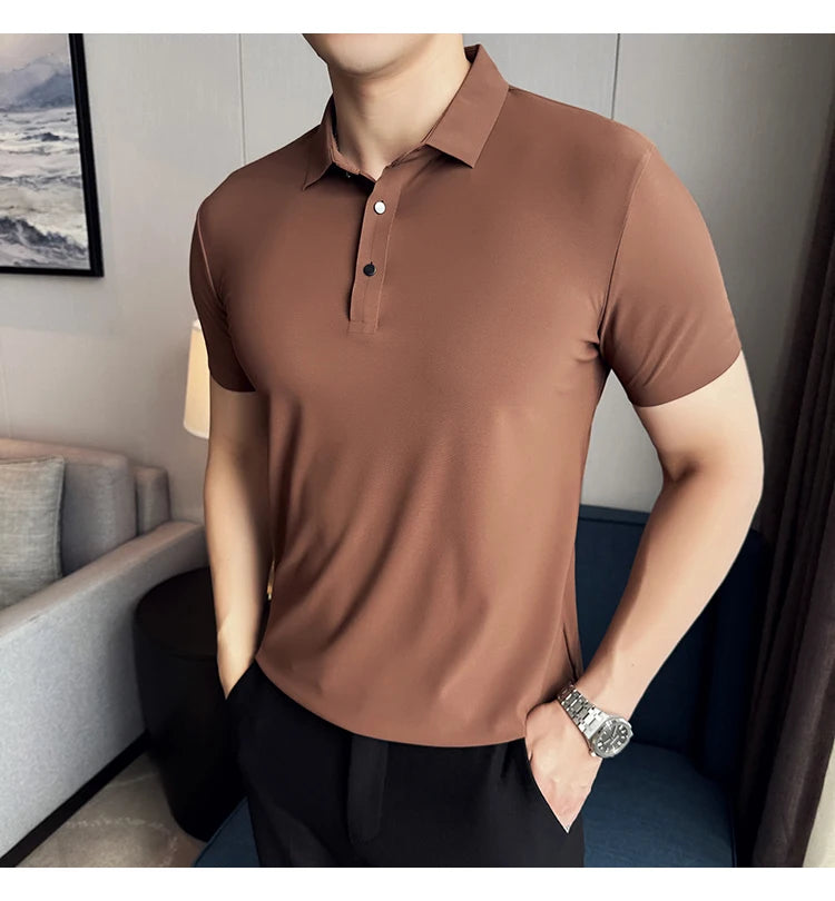 Men Ice Silk Polo Shirt Brown Top