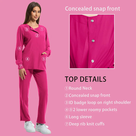 Dustproof nursing scrubs set in pink with concealed snap front, long sleeves, and roomy pockets, ideal for medical professionals.