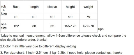 Size chart for 6-piece bridesmaid robe set, detailing bust, length, sleeve, height, and weight measurements.