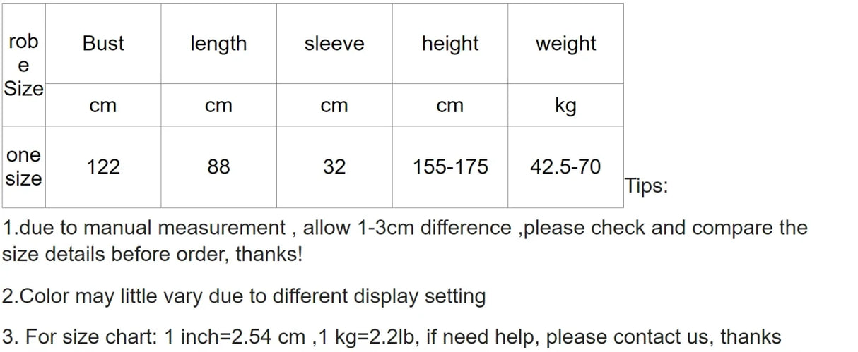 Size chart for 10-piece satin bride kimono robe set, detailing bust, length, sleeve, height, and weight measurements.