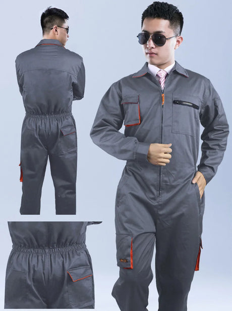 Unisex mechanic welding coveralls in grey with orange accents, showcasing windproof, waterproof features for auto repair.