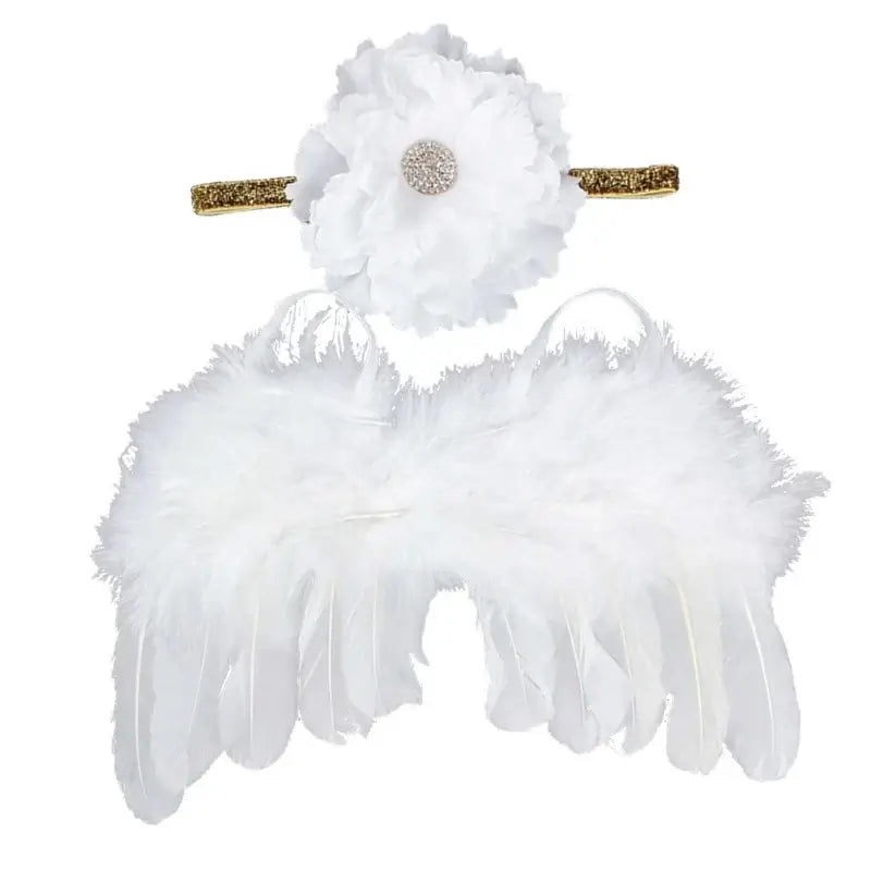 Baby angel wing costume set with gold headband for newborn photography props, ideal for photo shoots.