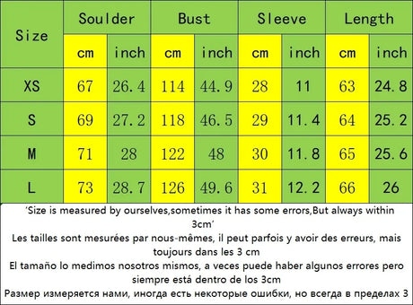 Size chart for WideLine™ oversized striped shirt with measurements in cm and inches for XS, S, M, L.