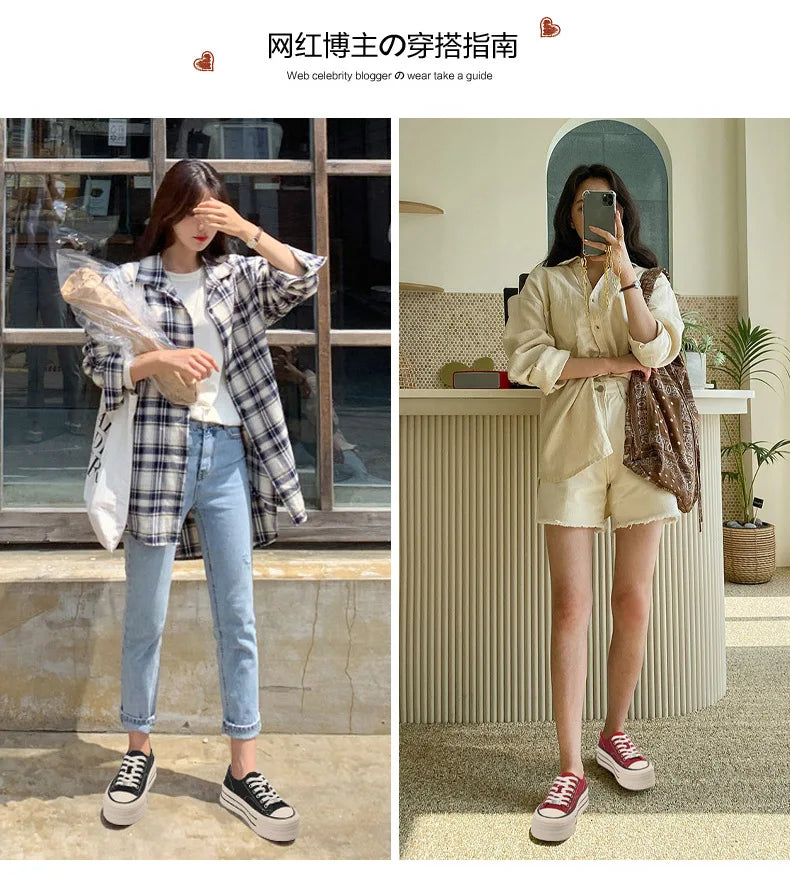 Women Canvas Shoes Black White Platform Sneakers