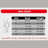 Size chart for protective coveralls showing sizes S to XXXL with bust and height measurements.