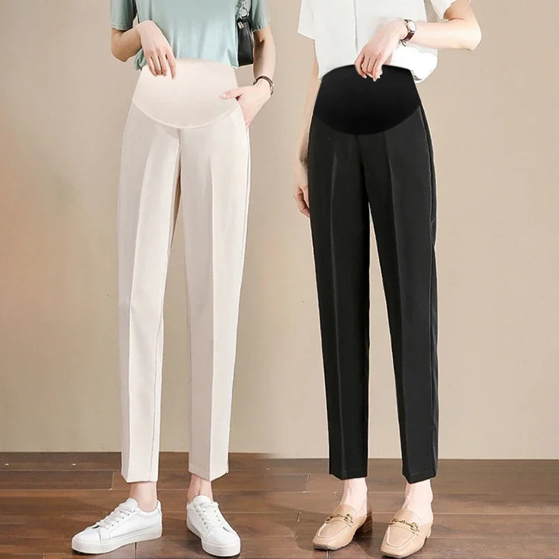 Elegant formal black maternity pants ideal for summer work wear, featuring a comfortable fit and stylish design.