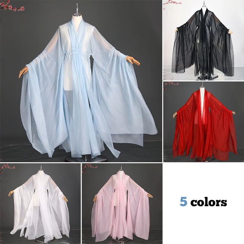Women’s Classical Hanfu stage costume in five colors: blue, black, red, white, and pink, showcasing elegant design.
