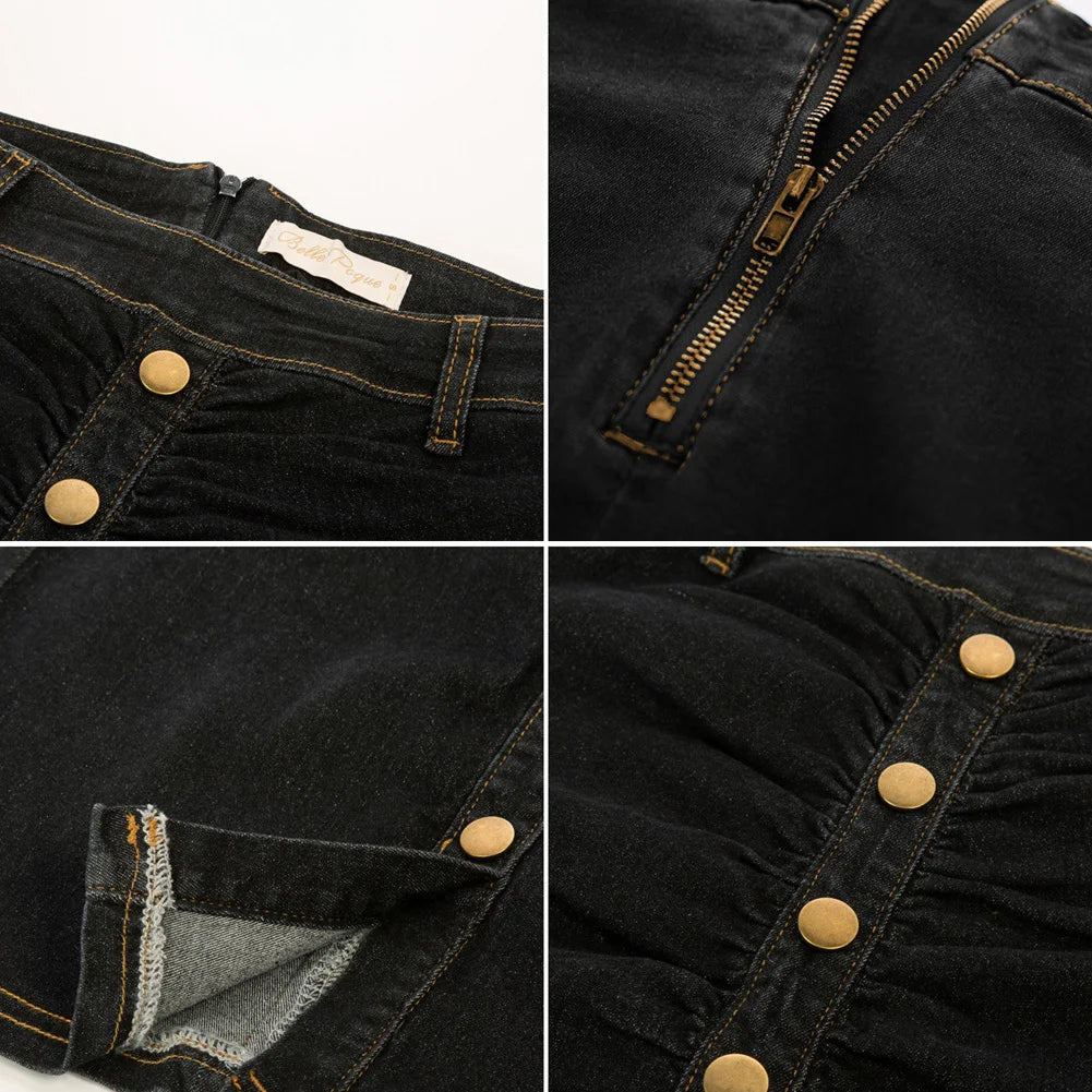 BuckleCurve™ – Ruched Belt Bodycon Skirt (High Waist Retro Denim)