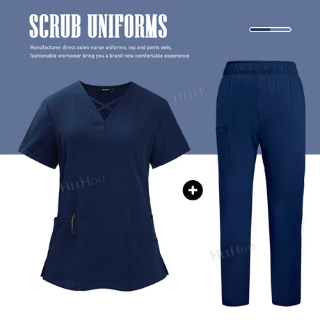 Nurse dental scrubs set, navy color, featuring comfortable top and pants, ideal for medical professionals.