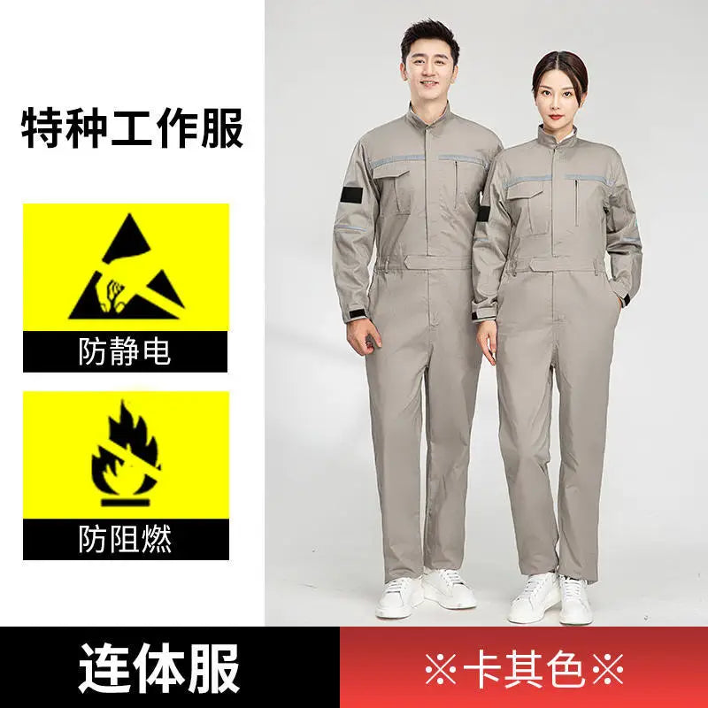 Anti-static flame-resistant welding suit shown on male and female models, featuring pure cotton material for safe workwear.