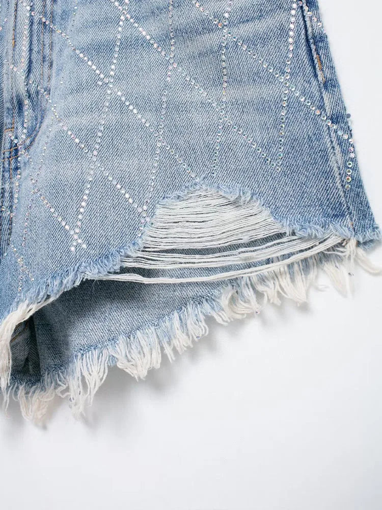 DazzleLine™ – High Waist Hot Diamond Shorts (Raw Edge, Straight Fit)