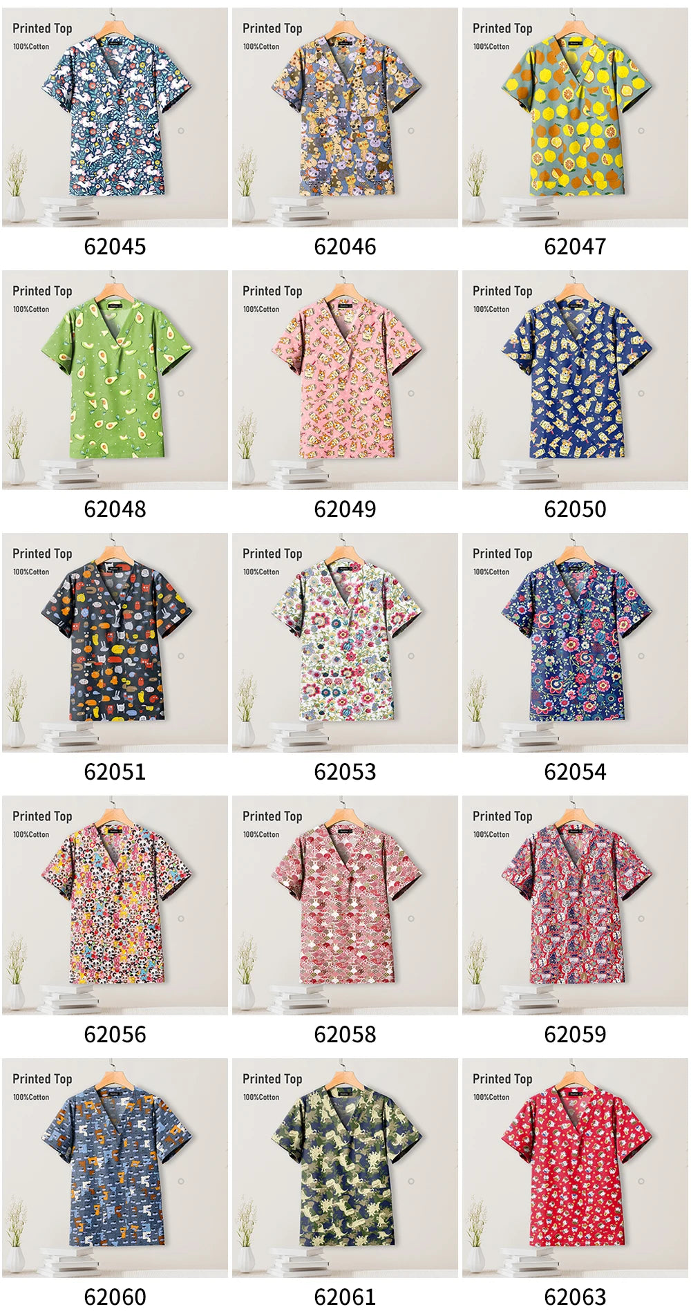 Colorful collection of printed tops featuring various floral and tropical designs, perfect for casual wear.