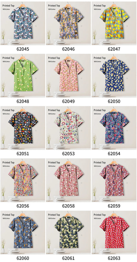 Colorful collection of printed tops featuring various floral and tropical designs, perfect for casual wear.