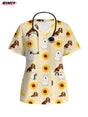 Colorful V-neck nursing scrub top with dog and sunflower pattern, featuring a pocket and stethoscope.