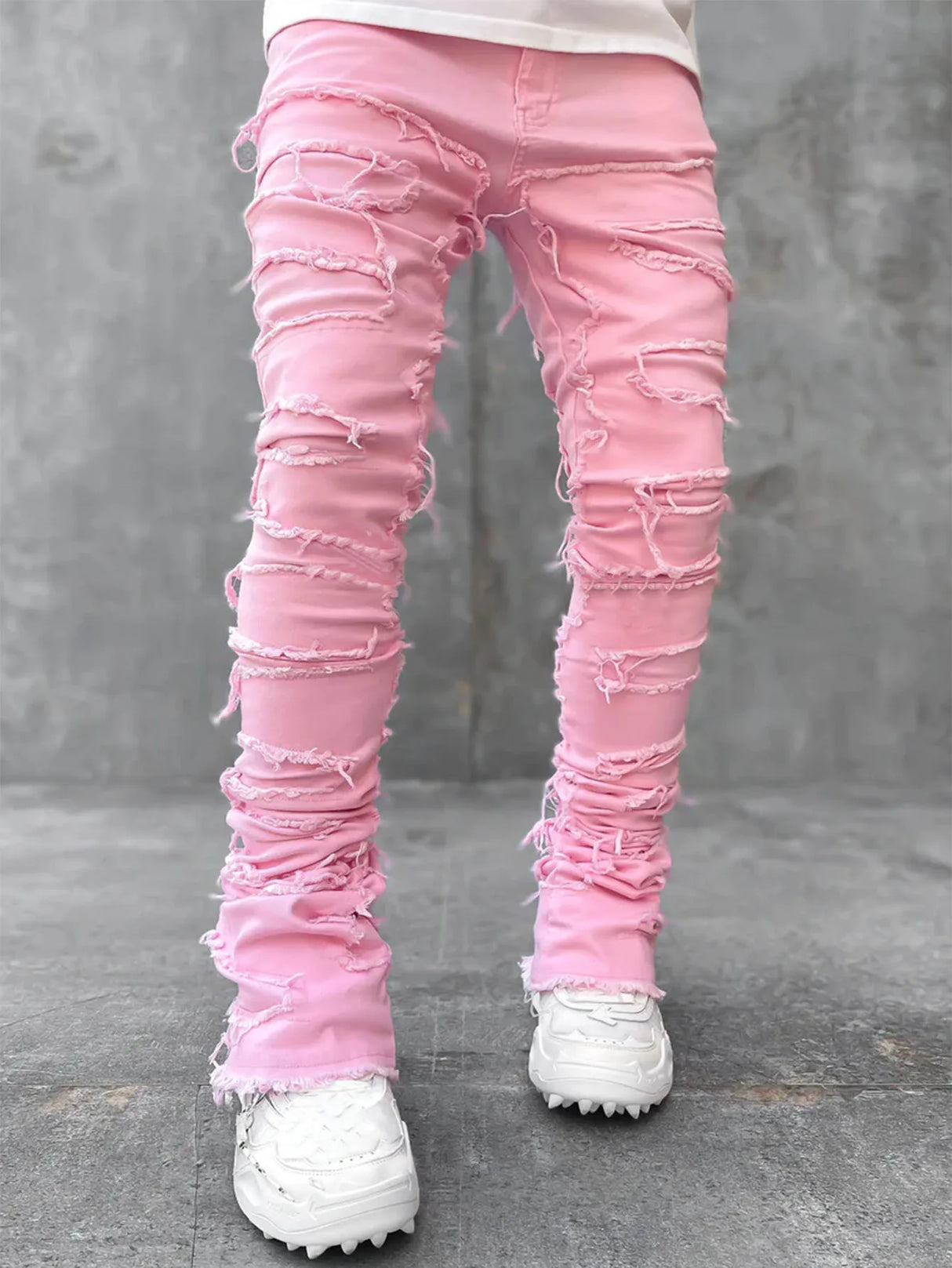 Men Patchwork Stacked Jeans