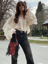 Rufflynn™ – Translucent Ruffle Blouse (V-Neck, Hollow-Out Chic for Spring/Summer)