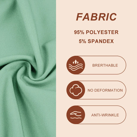 Close-up of fabric features: 95% polyester, 5% spandex, breathable, anti-wrinkle, no deformation.