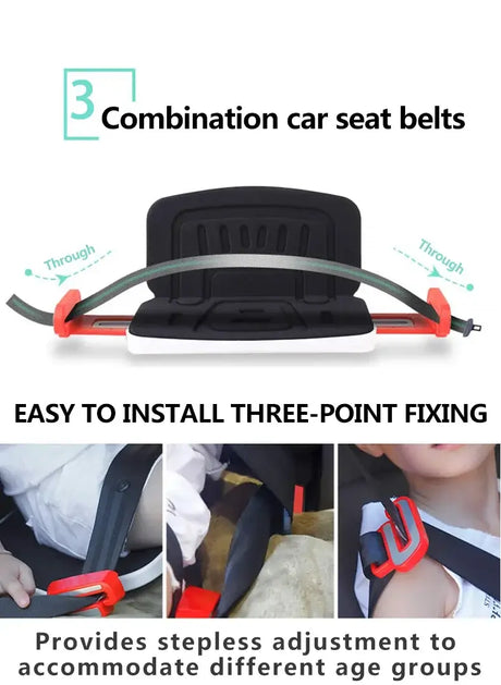 Ifold Portable Baby Car Seat showing three-point fixing and adjustable belts for different age groups.