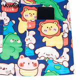 Colorful cartoon scrub top with pockets featuring playful animal designs and a smartphone, perfect for medical professionals.