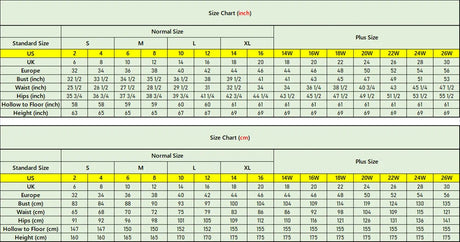 Size chart for normal and plus sizes in inches and centimeters, including US and UK standard measurements.
