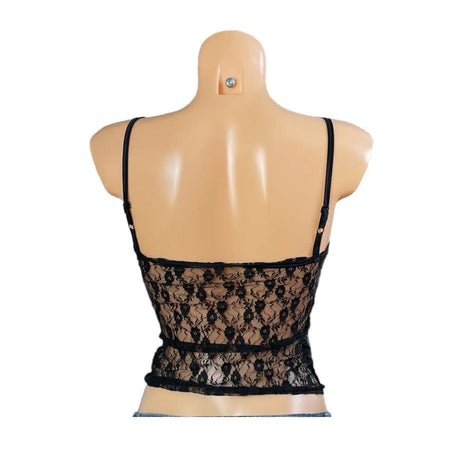 Back view of LaceMuse™ vintage lace spaghetti strap top, sheer and sleeveless, perfect for summer fashion.
