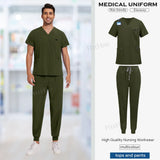 High-quality olive green medical scrub uniform set for men, featuring short-sleeved top and comfortable pants.
