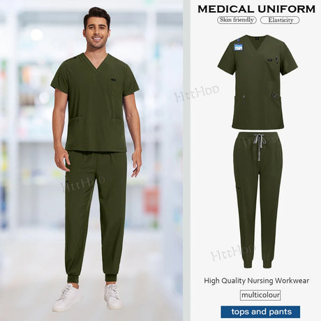 High-quality olive green medical scrub uniform set for men, featuring short-sleeved top and comfortable pants.