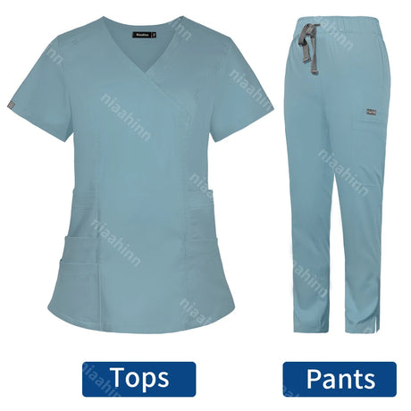 Solid color women’s scrub set featuring a V-neck top and elastic waist pants, ideal for veterinary work.