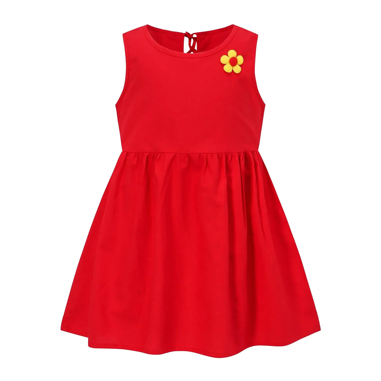 Red sleeveless girl vest dress with a cute yellow flower decoration for spring summer, perfect for ages 4-6 years.