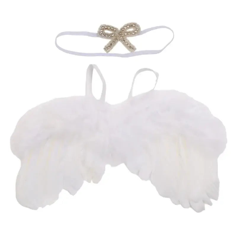 White baby angel wings with headband, perfect for newborn photography props, costumes, and photo shoots.