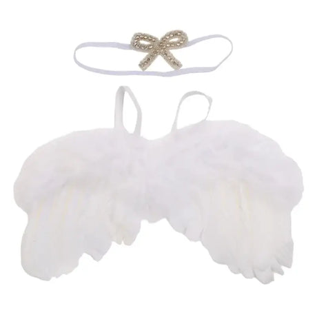 White baby angel wings with headband, perfect for newborn photography props, costumes, and photo shoots.